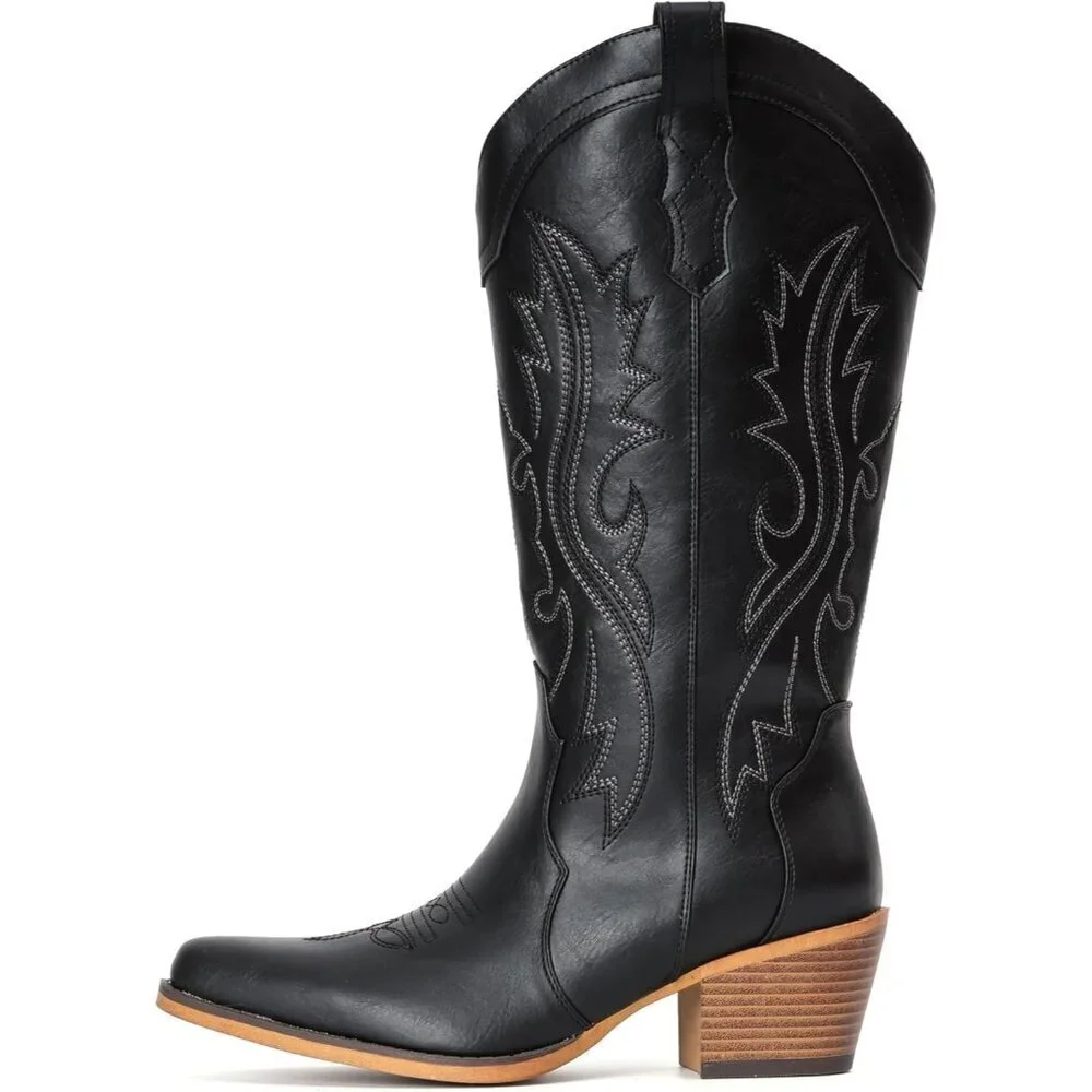 Women's Black Western Cowgirl Chunky Heel Mid Calf Snip Toe Insteps Boots